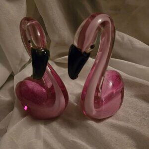 VTG lot of 2 Hand Blown Glass Pink Flamingo Figurine Paper Weight